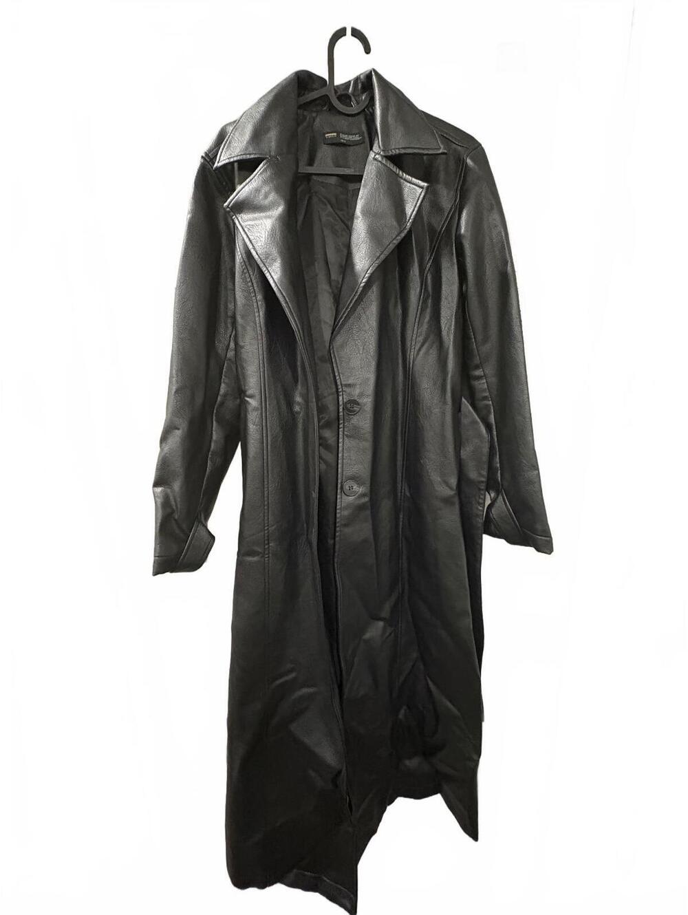 Finesse Black Long Leather Coat with Belt